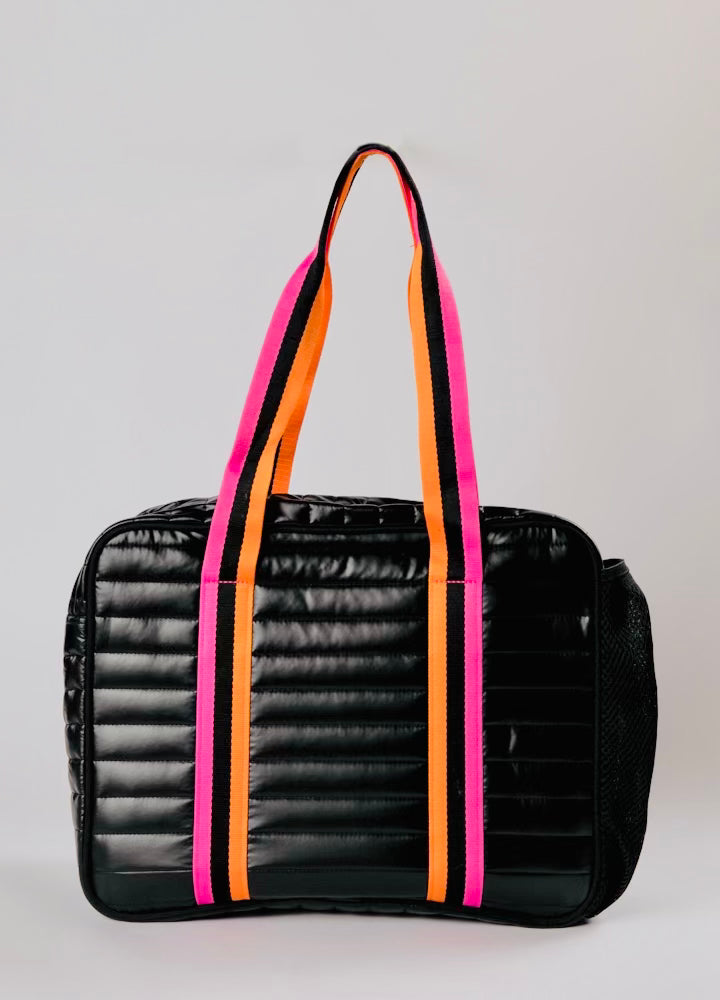 PREMIUM Black Puffer Bag with licorice allsort straps