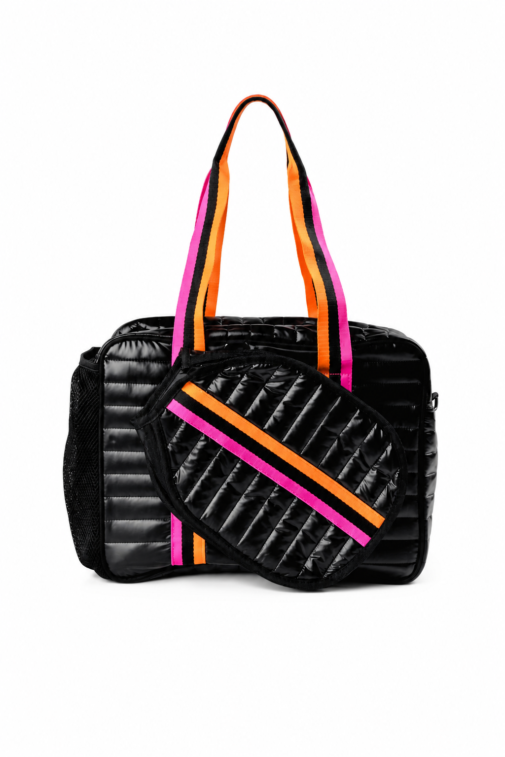 PREMIUM Black Puffer Bag with licorice allsort straps